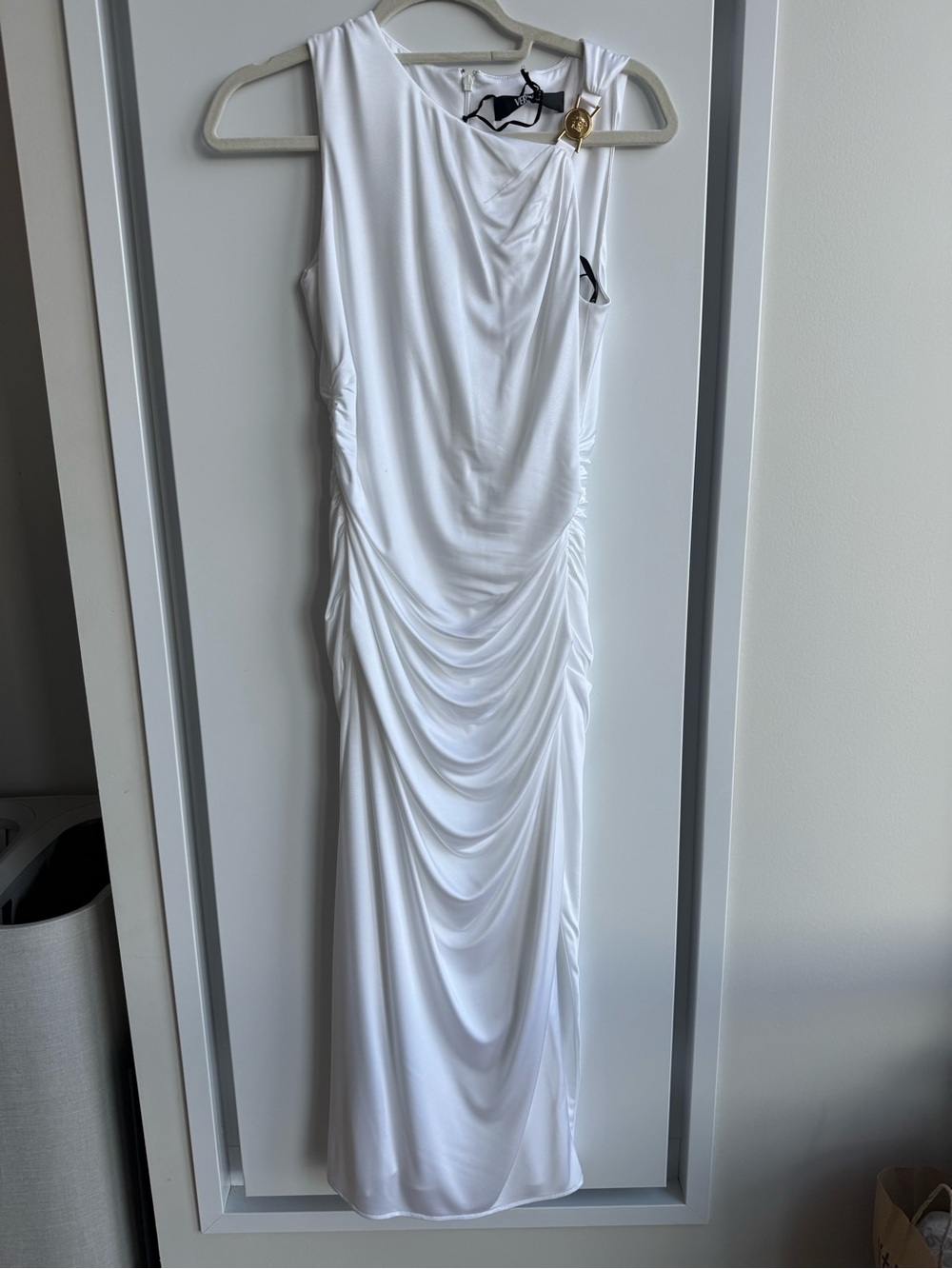 Versace White Sleeveless Draped Midi Dress with Gold Accent